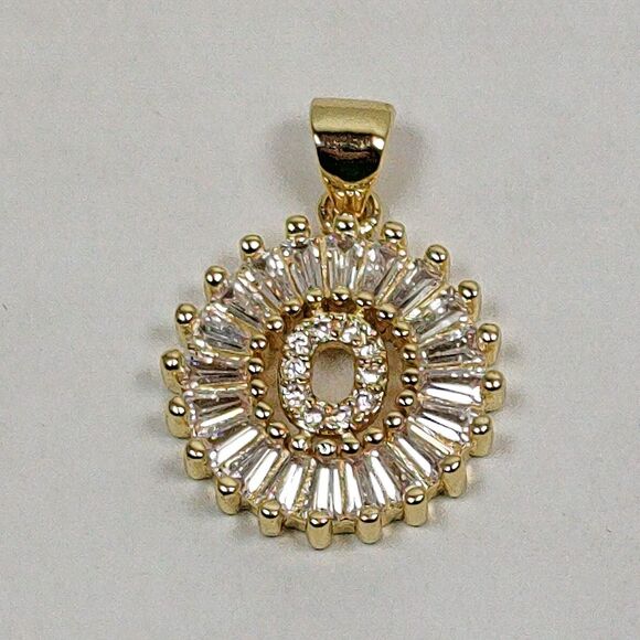 Gold Tone Metal Pendant Clear Baguette Round Glass Stones Monogrammed "O" New - Picture 1 of 16
